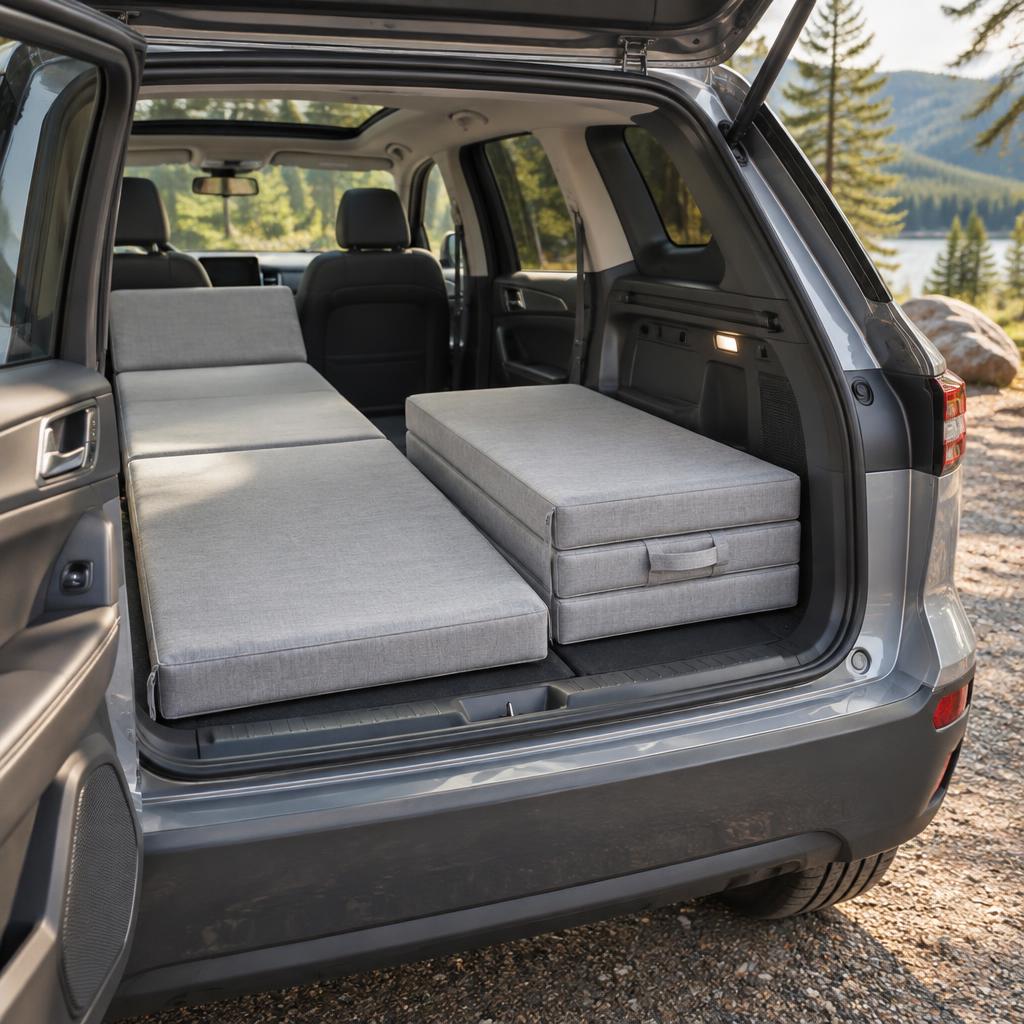 Editorial illustration of a modular folding mattress layout in a Model Y cargo area