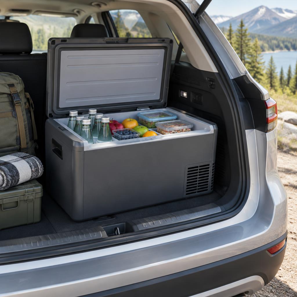 Editorial illustration of a large portable refrigerator with food and drinks in a Model Y cargo area