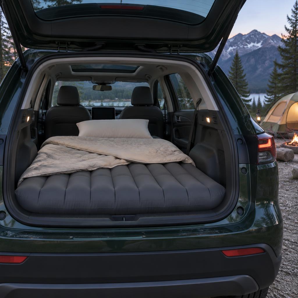 Editorial illustration of an inflatable camping mattress and bedding in a Model Y at a campsite