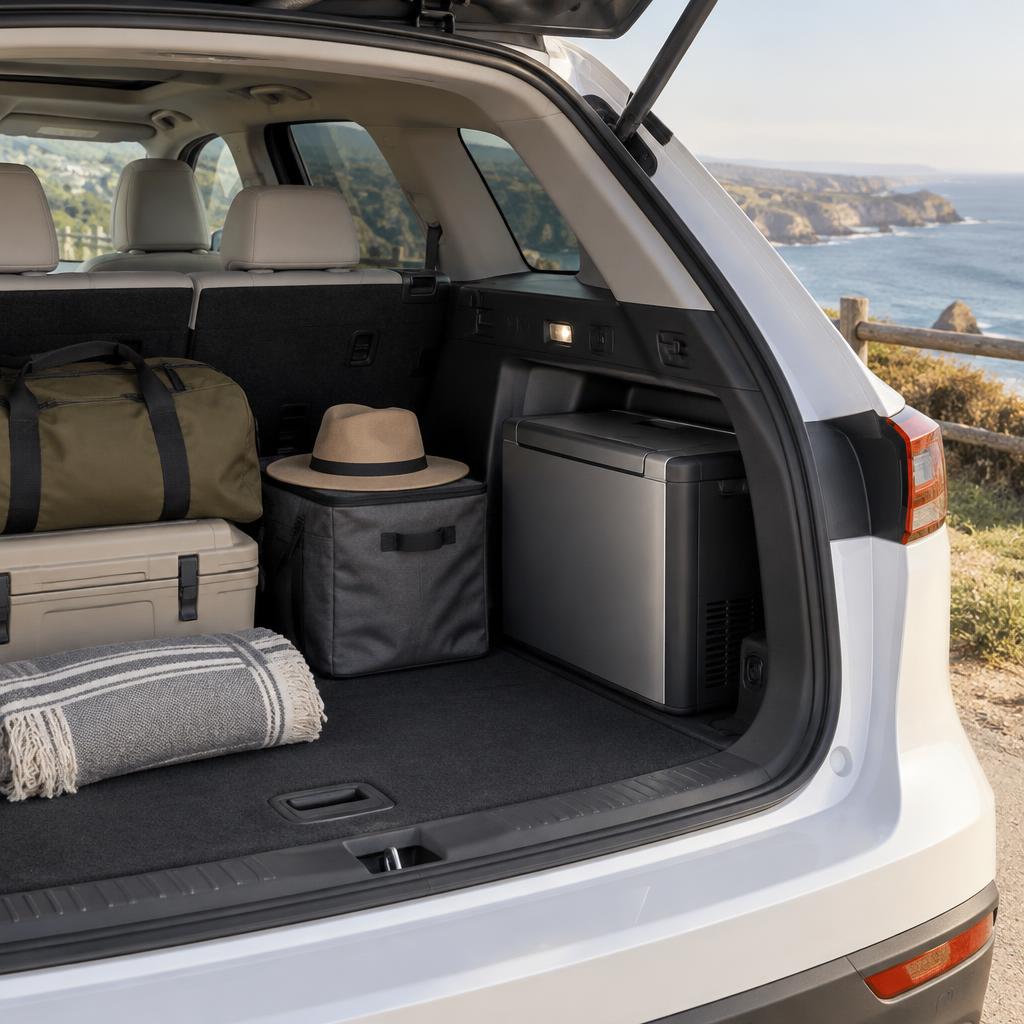 Editorial illustration of a side-cargo refrigerator beside luggage in a Model Y