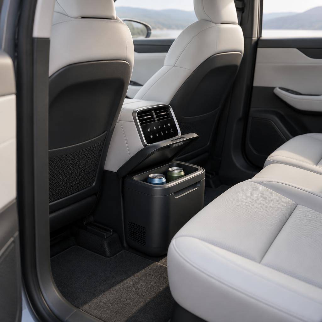 Editorial illustration of a compact rear-console cooler in a newer Model Y passenger area