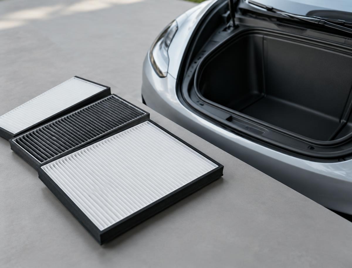 Pleated cabin air filter panels laid beside the open front trunk of an electric car