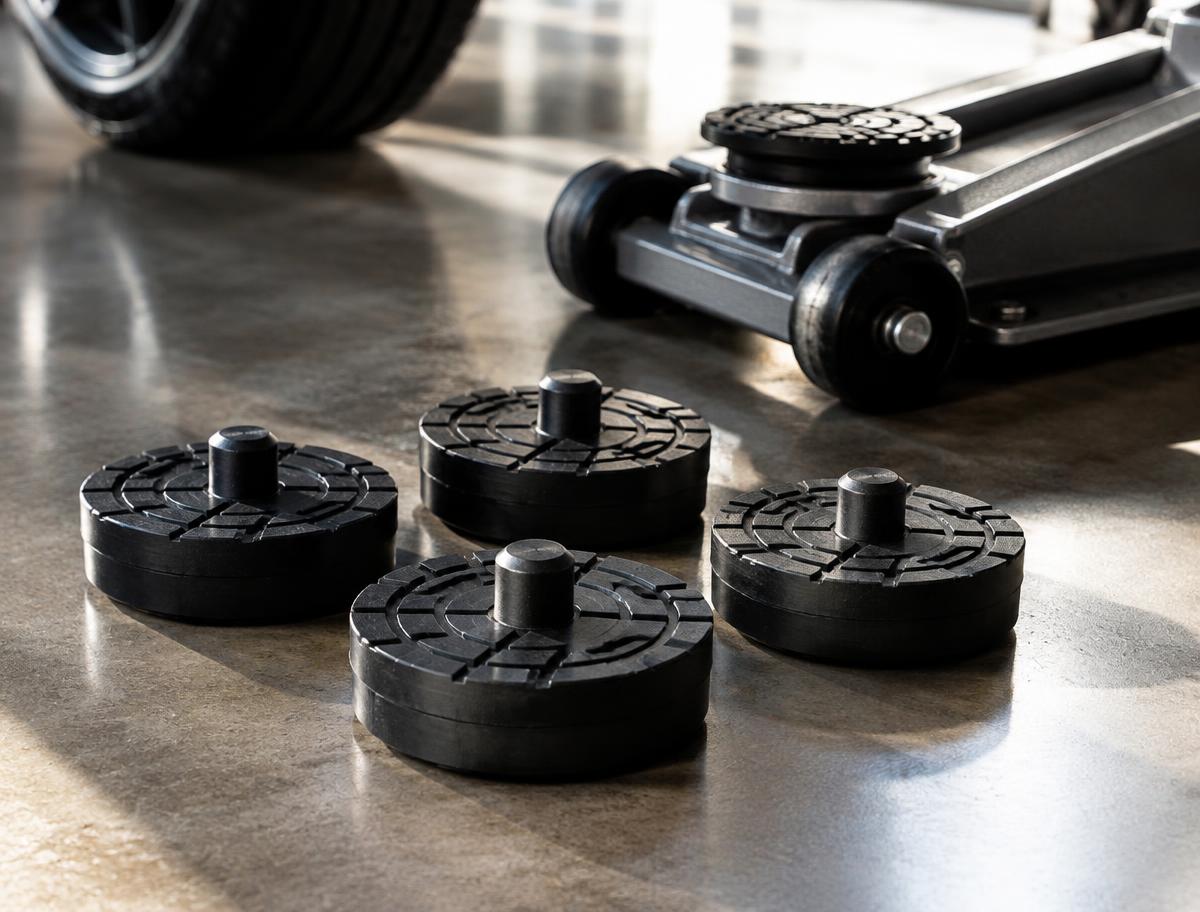 Four black rubber jack pad pucks on a garage floor beside a low-profile floor jack