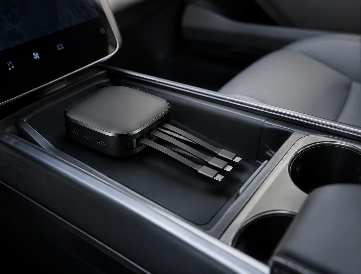 Compact multi-port charging hub with retractable cables sitting in an electric car centre console