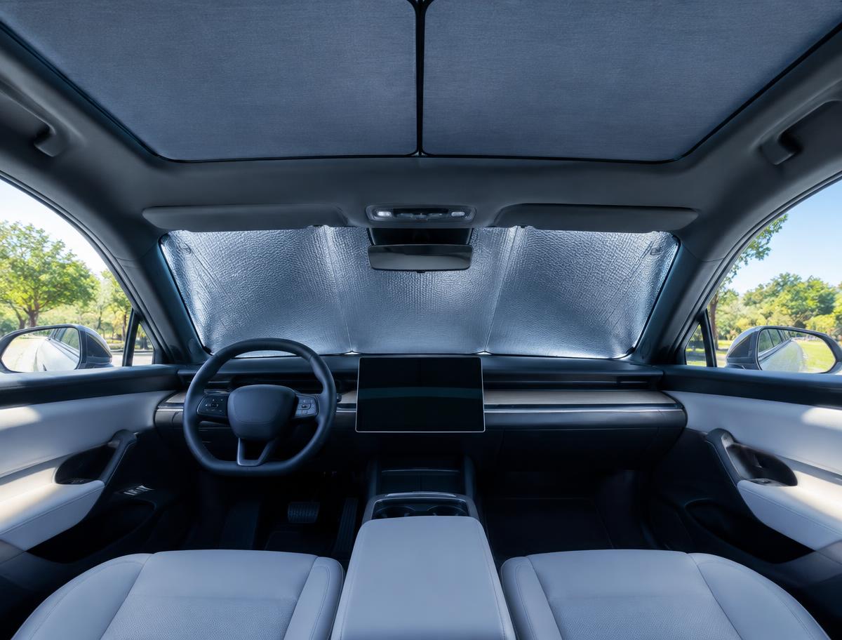 Electric SUV cabin with a reflective windscreen shade fitted and both glass roof panels covered