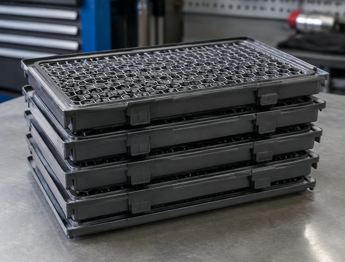 Stack of honeycomb-framed cabin air filters on a workshop bench