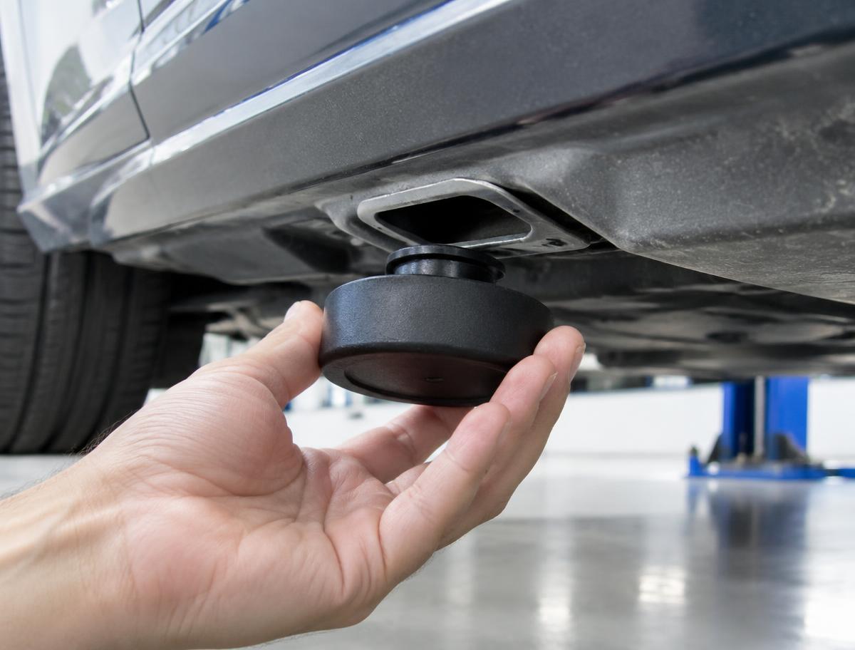 A nylon jack pad puck held beneath the sill lift point of a raised electric car