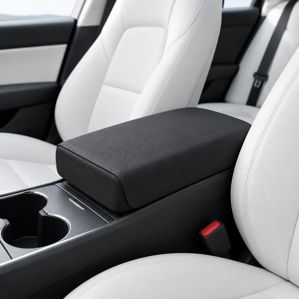 Black armrest cover fitted over a Tesla centre console armrest (editorial illustration)