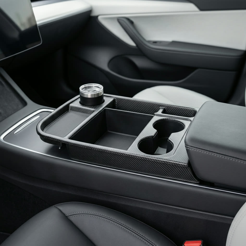 Spigen Non-Slide Center Console Organizer (Expanded Capacity, Carbon Edition) for Tesla Model Y Juniper / Model 3 Highland